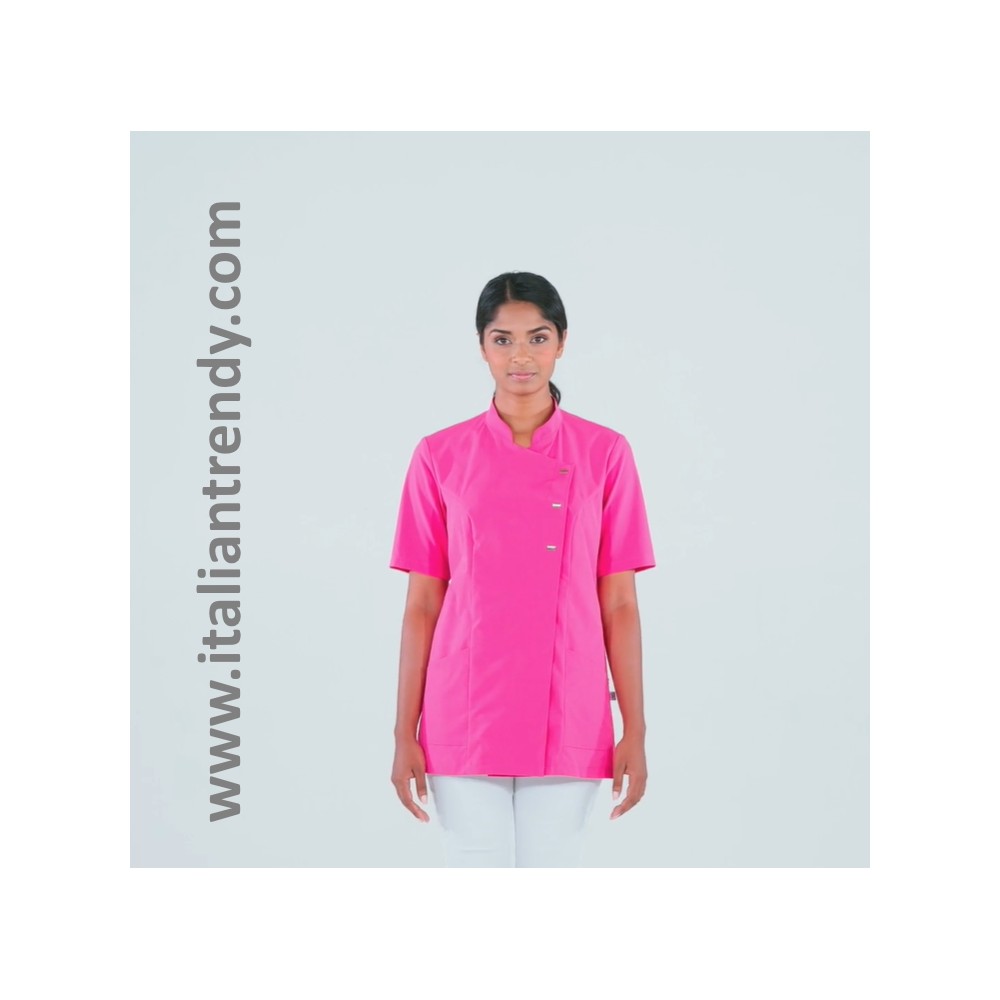 Women's Short-Sleeve Tunic with Mandarin Collar, Side Fastening, Divided Aesthetic Healthcare Sector