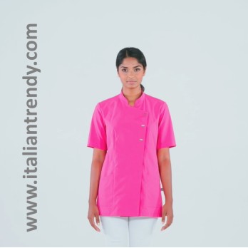 Women's Short-Sleeve Tunic with Mandarin Collar, Side Fastening, Divided Aesthetic Healthcare Sector