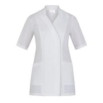 Blouse Blanche pour Femme Col en V Manches Courtes Fermeture Latérale Uniforme Secteur Esthétique Sanitaire 24P02K388 Vénus