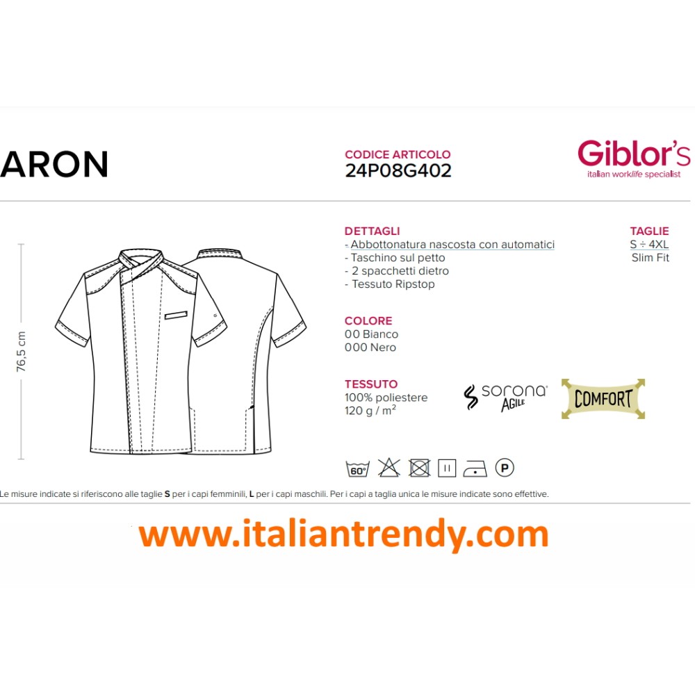 Lightweight and Robust Short Sleeve Kitchen Jacket in White or Black Aron 24P08G402 italiantrendy