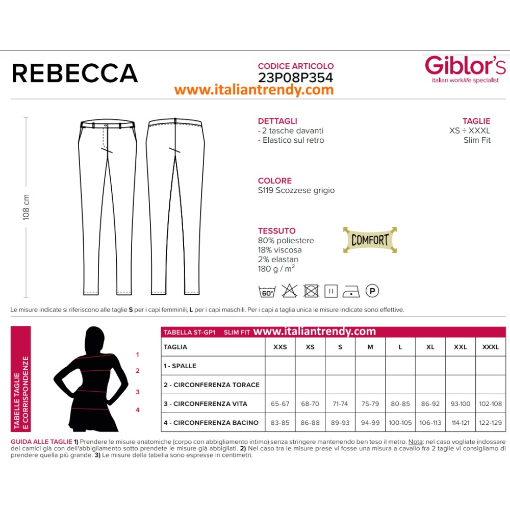 Women's Slim Pants, No-Iron Fabric, Prince of Wales Pattern. For Uniforms in the Ho.Re.Ca, Wellness, Spa, Resort sectors.