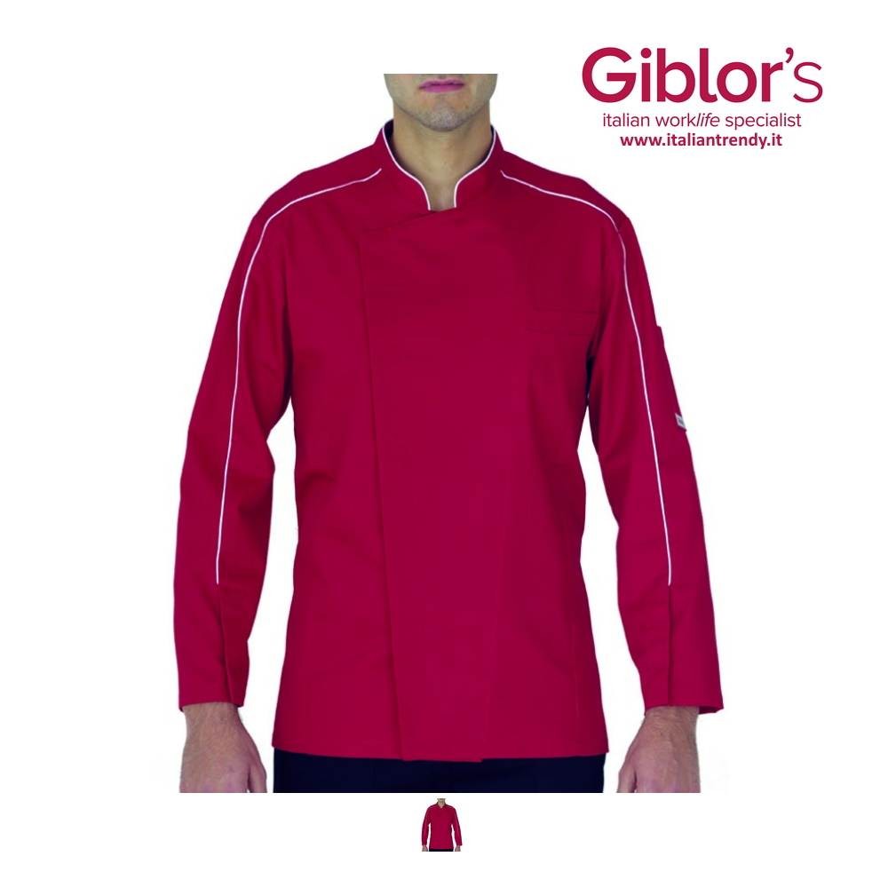 Giacca Uomo da Cuoco Rossa Slim con profili in coda di topo Bianchi e Con Bottoni Automatici. Giblor’s Mod. Livorno 18P08G047.