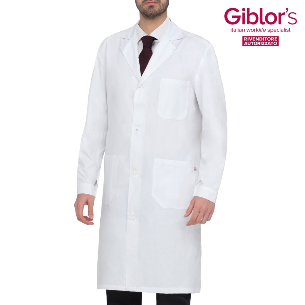 Men's White Lab Coat, 100% Cotton, Long, Healthcare Sector. Giblor's