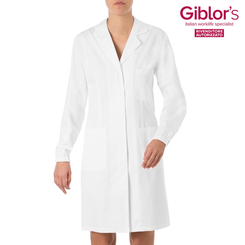 Camice Bianco Da Donna In Cotone Lungo 110 Bianco con Bottoni Nascosti Elastico Per Settore Medicale, Laboratorio, Farmacia