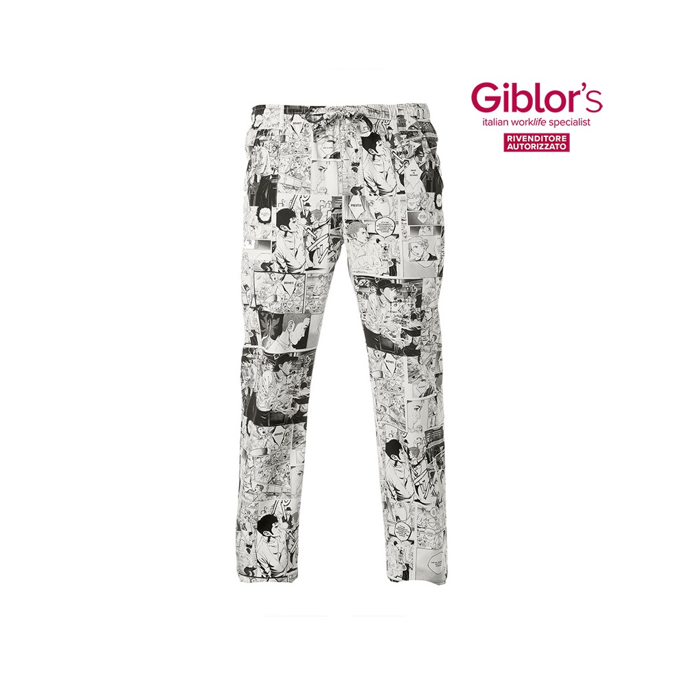 Unisex Chef Pants for Work in 100% Cotton with Comic Pattern, Elastic and Drawstring by alan italiantrendy 16P08P334