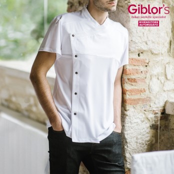 Light and breathable white men's tunic, short sleeves, suitable for the wellness and medical sector.