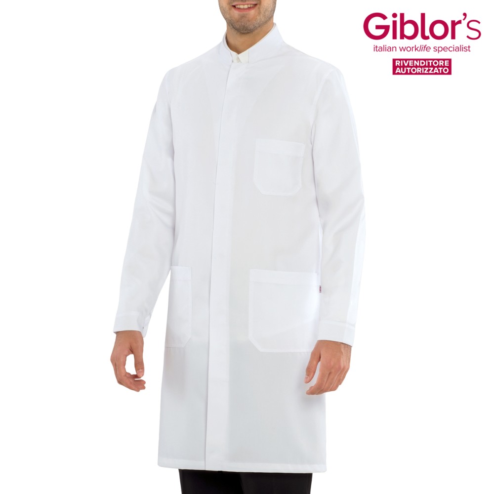 White Men's Tunic with Mandarin Collar, Slim Fit and Hidden Buttons. For Medical Sector, Pharmacy. Italian Trendy 19P03R122.