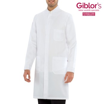 Blouse blanche pour homme avec col mao slim et boutons cachés. Pour le secteur médical, pharmacie italiantrendy 19P03R122