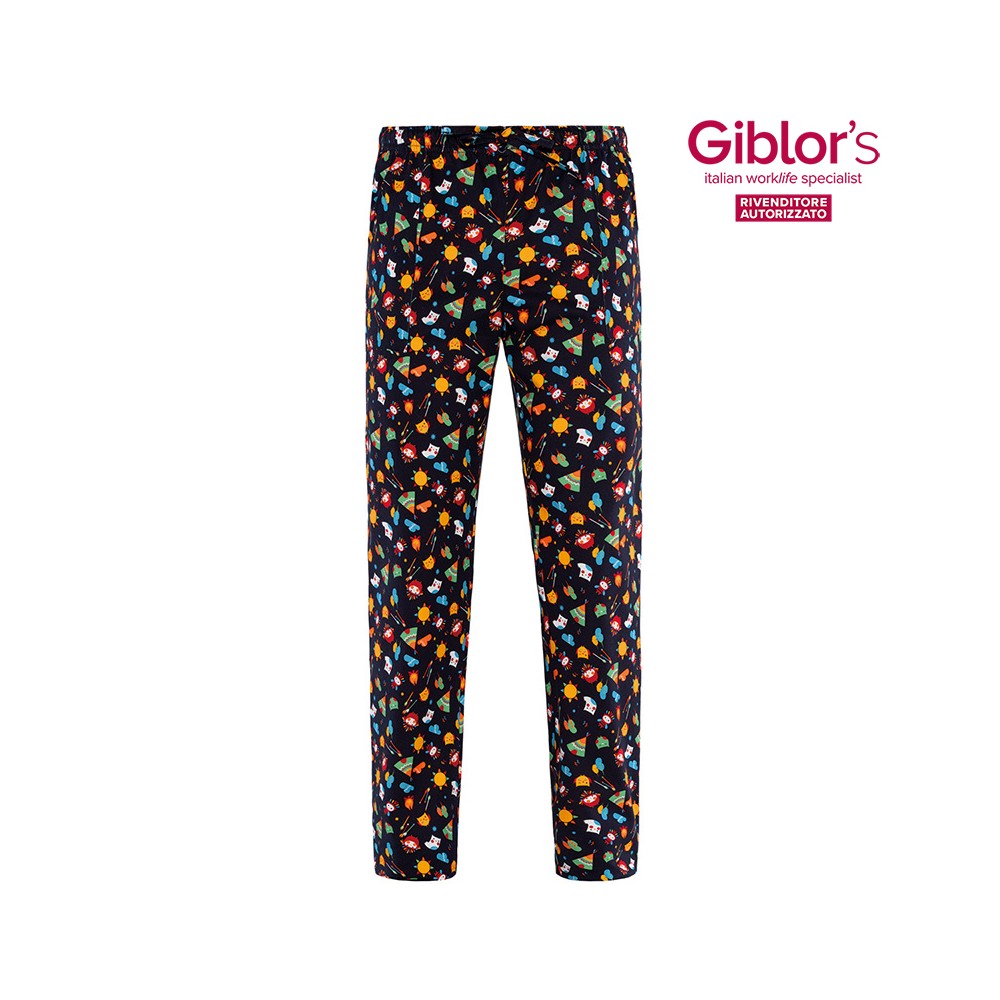 Pantalon de Chef de Travail Unisexe en 100% Coton avec Motif sur Fond Sombre avec Élastique et Cordon