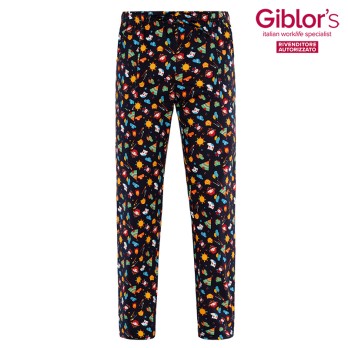 Pantalon de Chef de Travail Unisexe en 100% Coton avec Motif sur Fond Sombre avec Élastique et Cordon