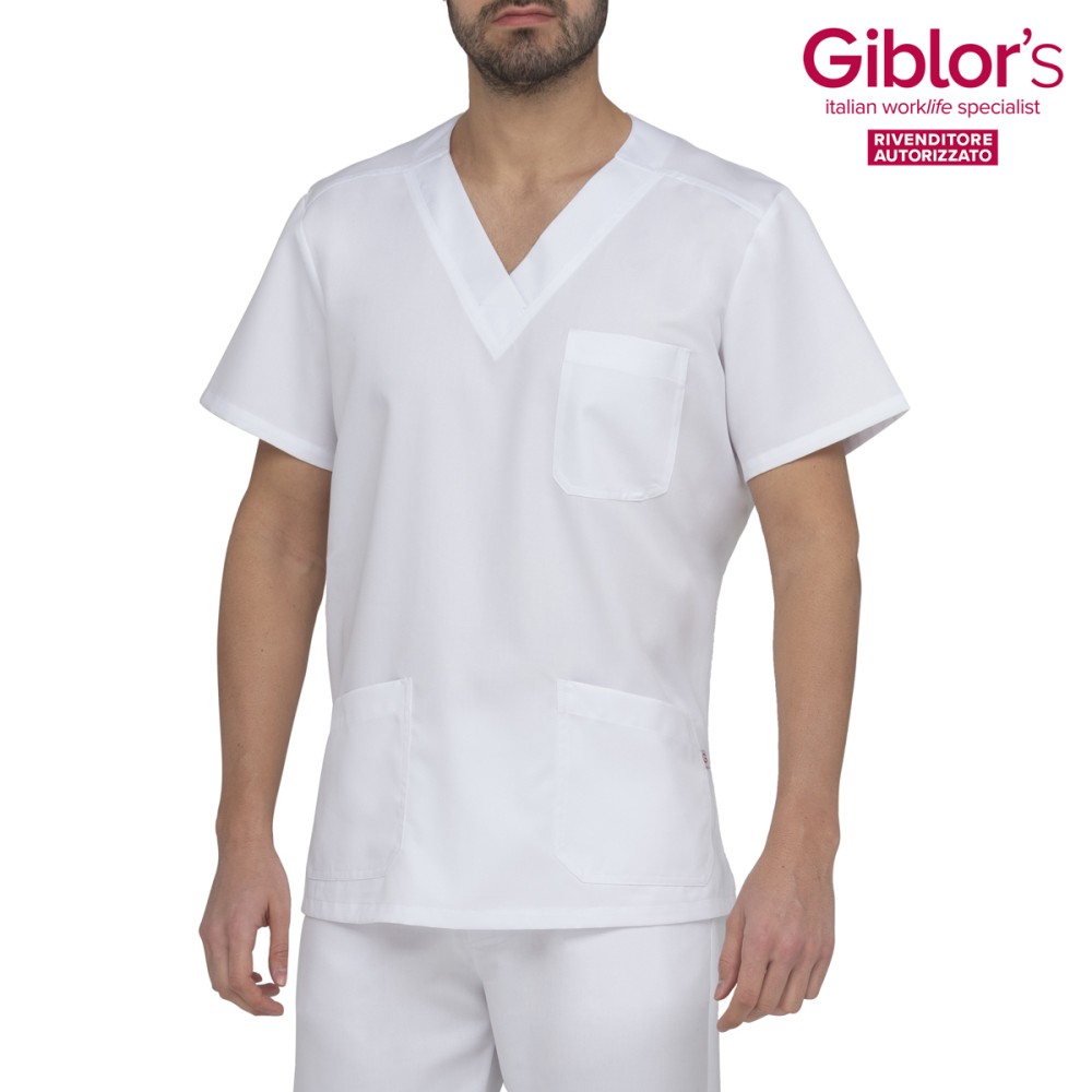 White Short Sleeve V-Neck Tunic for Medical Professionals, Nurses by Italian Trendy Giuliano for the Healthcare and Medical Sect