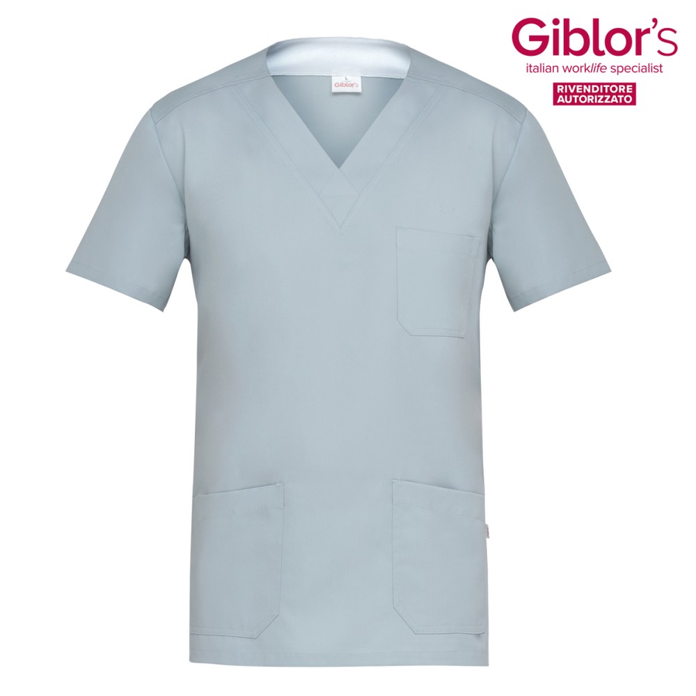 Short-sleeved V-neck tunic for doctors and nurses in light grey. For healthcare and medical sector.