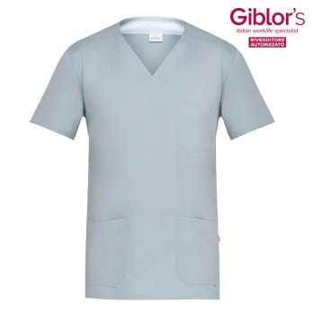 Blouse pour médecin, infirmier à manches courtes en col en V, de couleur gris clair. Pour le secteur de la santé et médical.