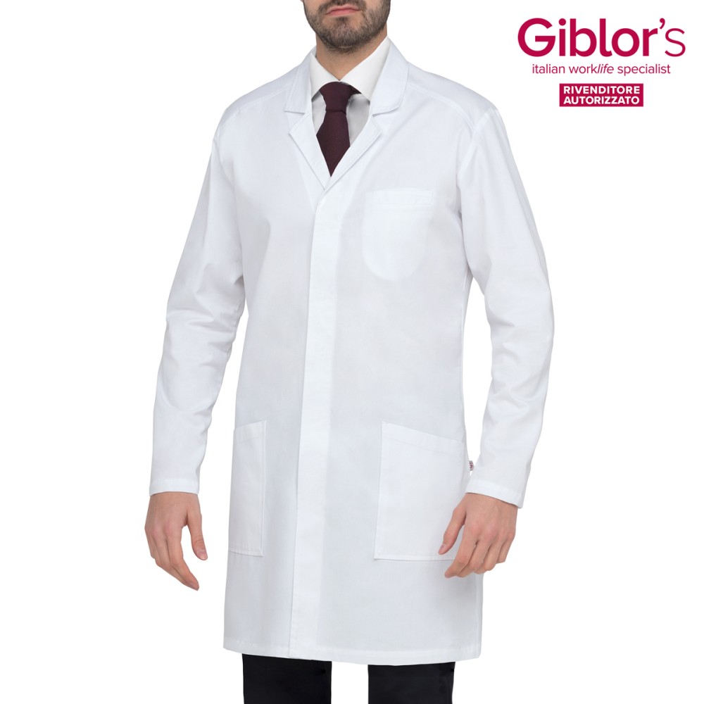 White men's slim fit cotton lab coat in white with hidden buttons, elastic for medical, laboratory, pharmacy sector 21P03R243.