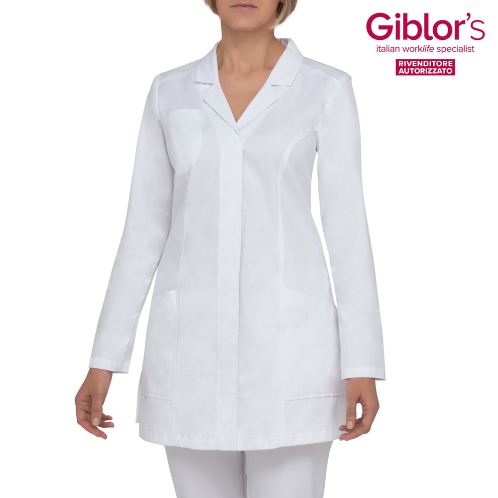 White Slim Fit Women's Cotton Lab Coat with Hidden Buttons. For Medical or Pharmacy Sector. Italian Trendy 21P03R244 Geneva